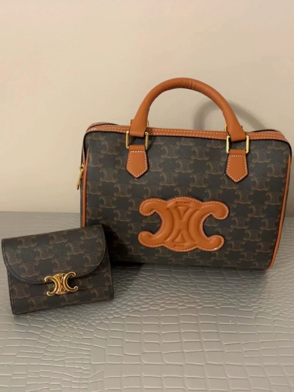 Cognac Brown Patterned Leather Top-Handle Bag with Matching Wallet